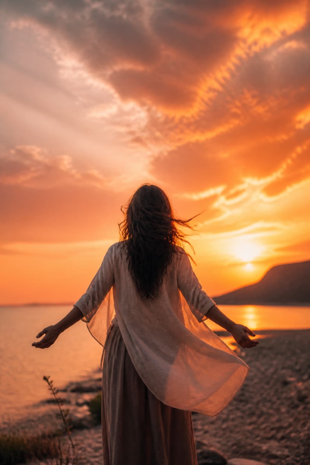 A figure releasing into warm golden-hour light at the water’s edge