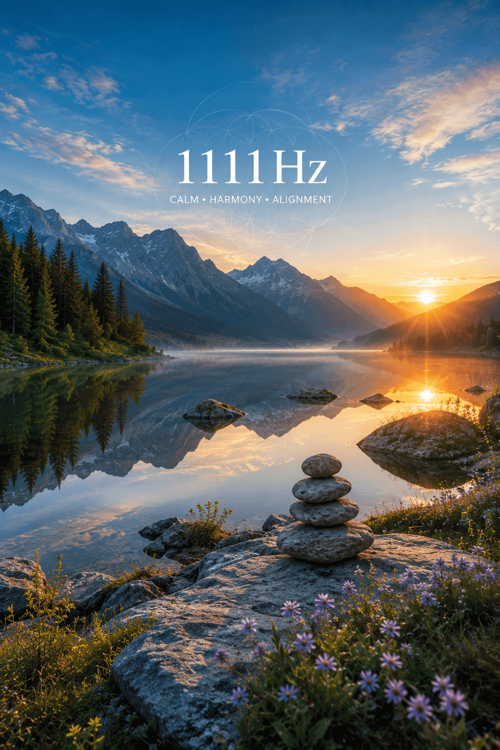 Calm mountain lake with 1111 Hz harmony light