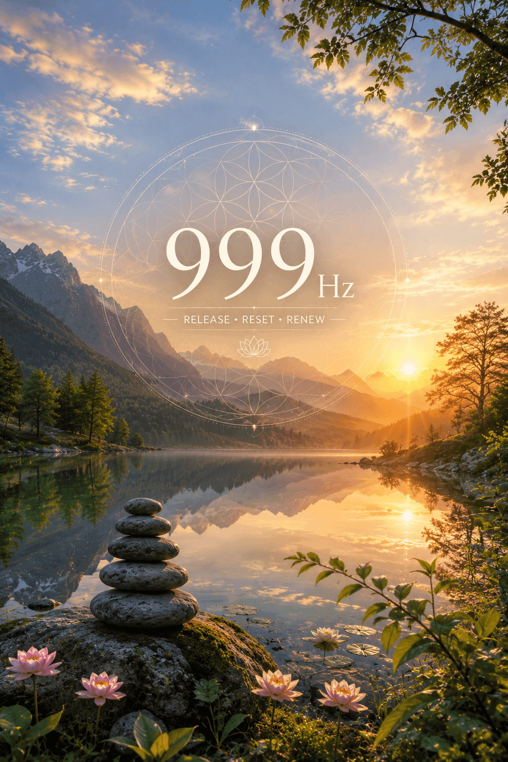 Calm mountain lake with 999 Hz healing light