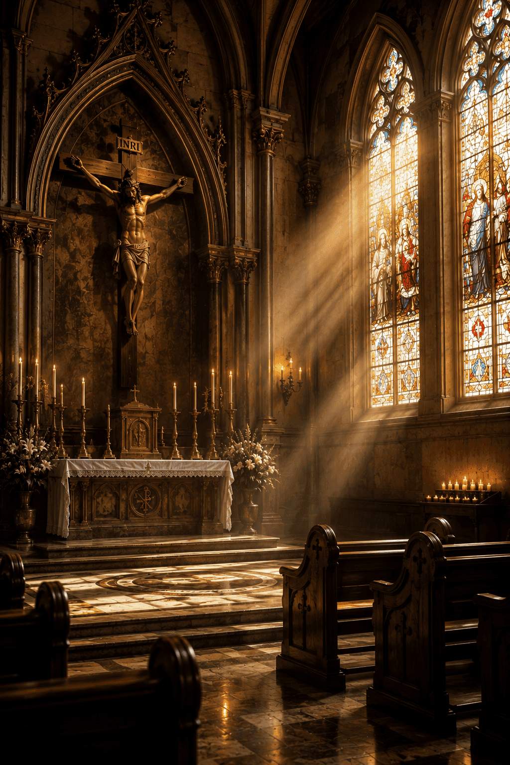 Quiet church interior with soft healing light