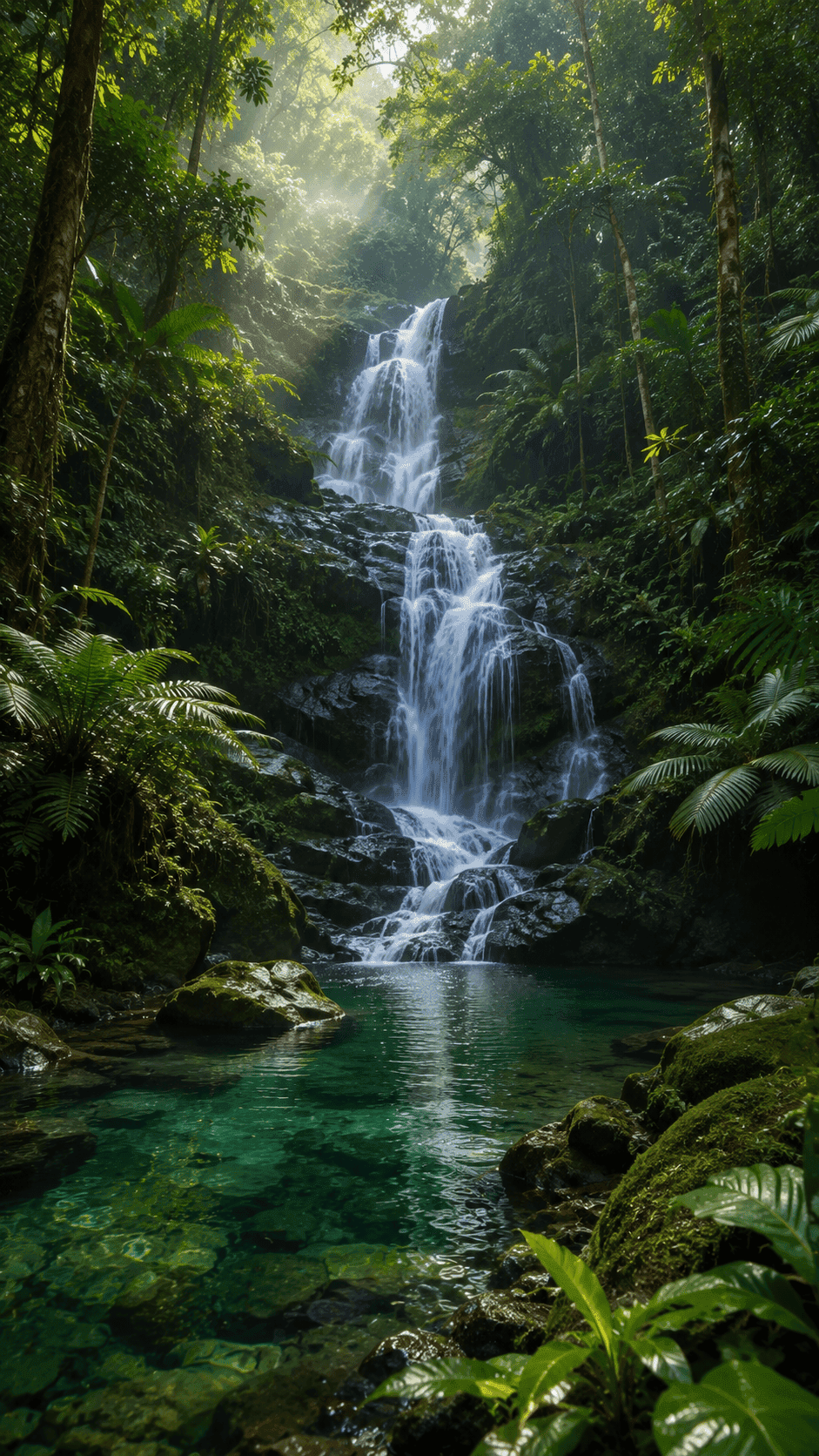 Hidden waterfall in soft green woods