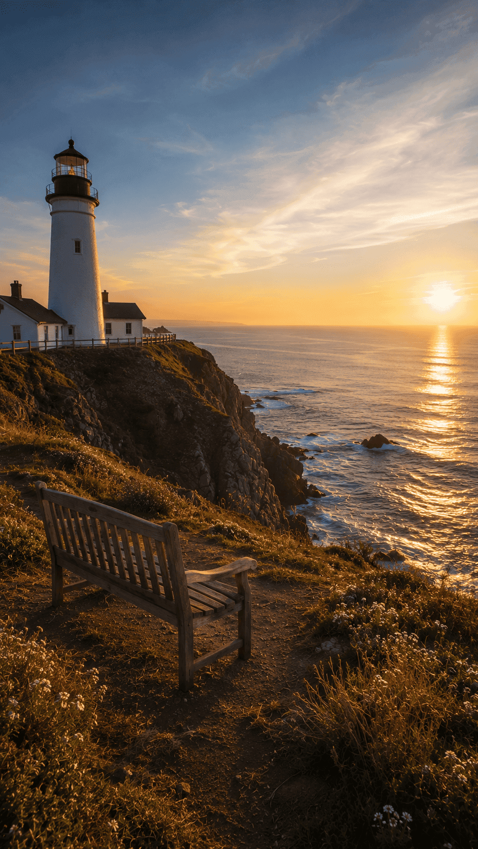 Lighthouse and bench overlooking the sea at sunset