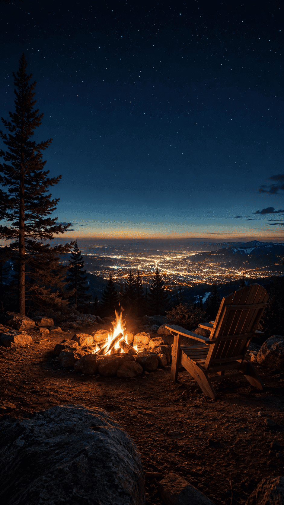 Mountain campfire under quiet dusk
