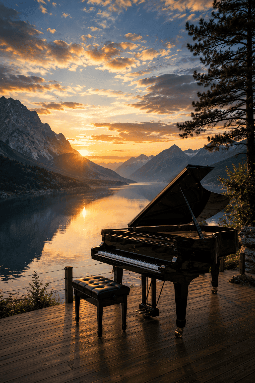 Grand piano on a deck overlooking a mountain lake at sunset