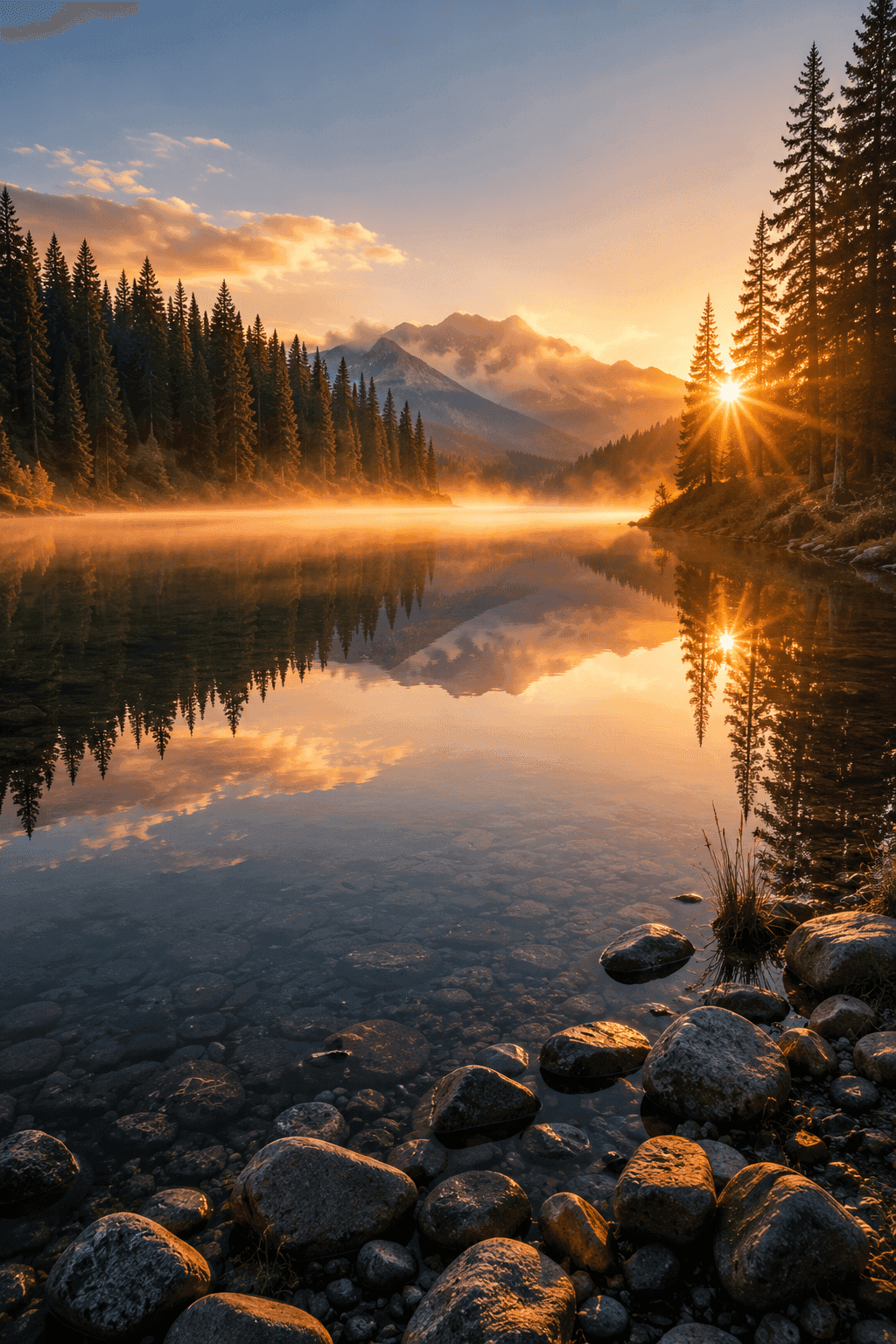 Still lake reflecting soft mountain light