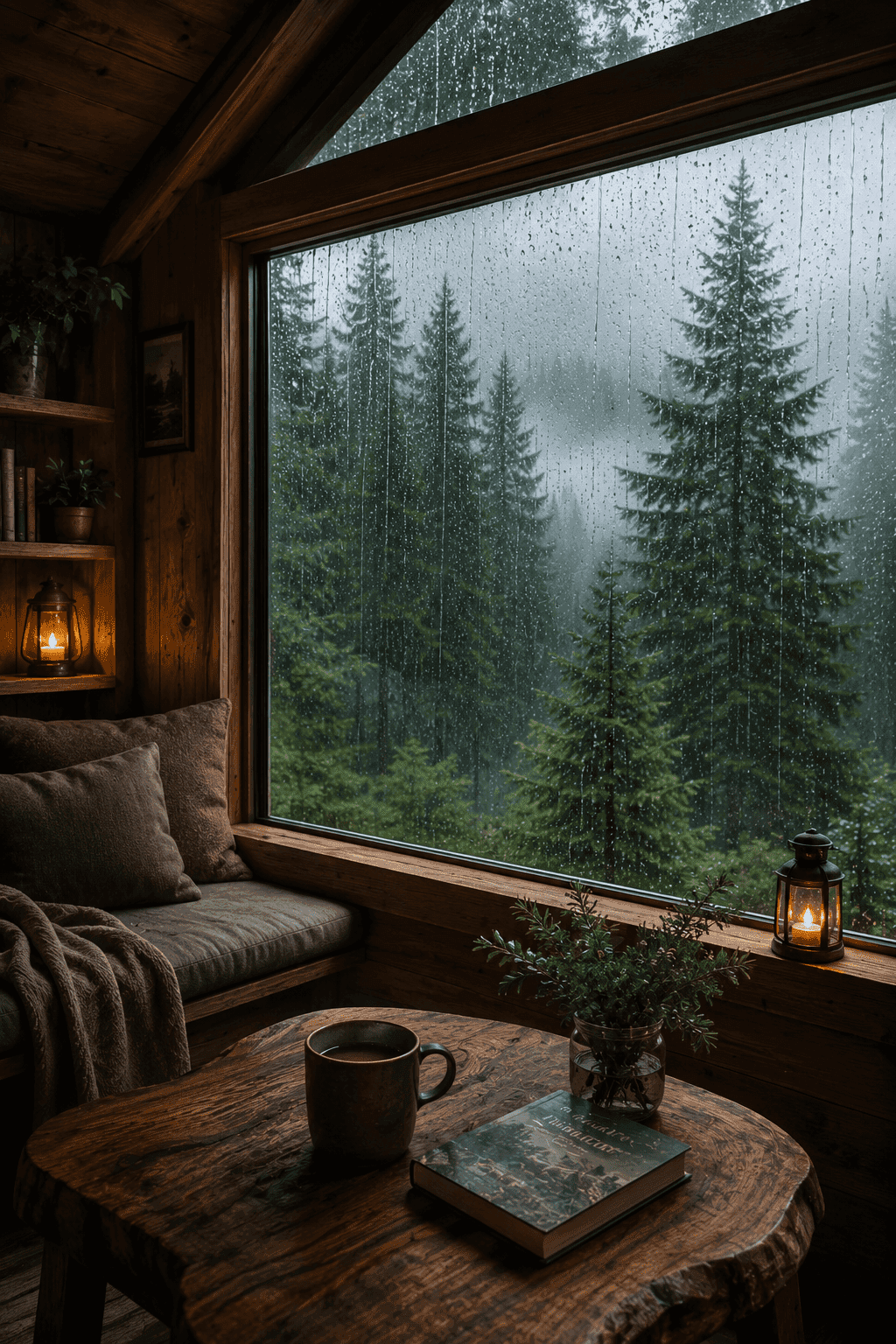 Rain on a cabin window looking into misty forest