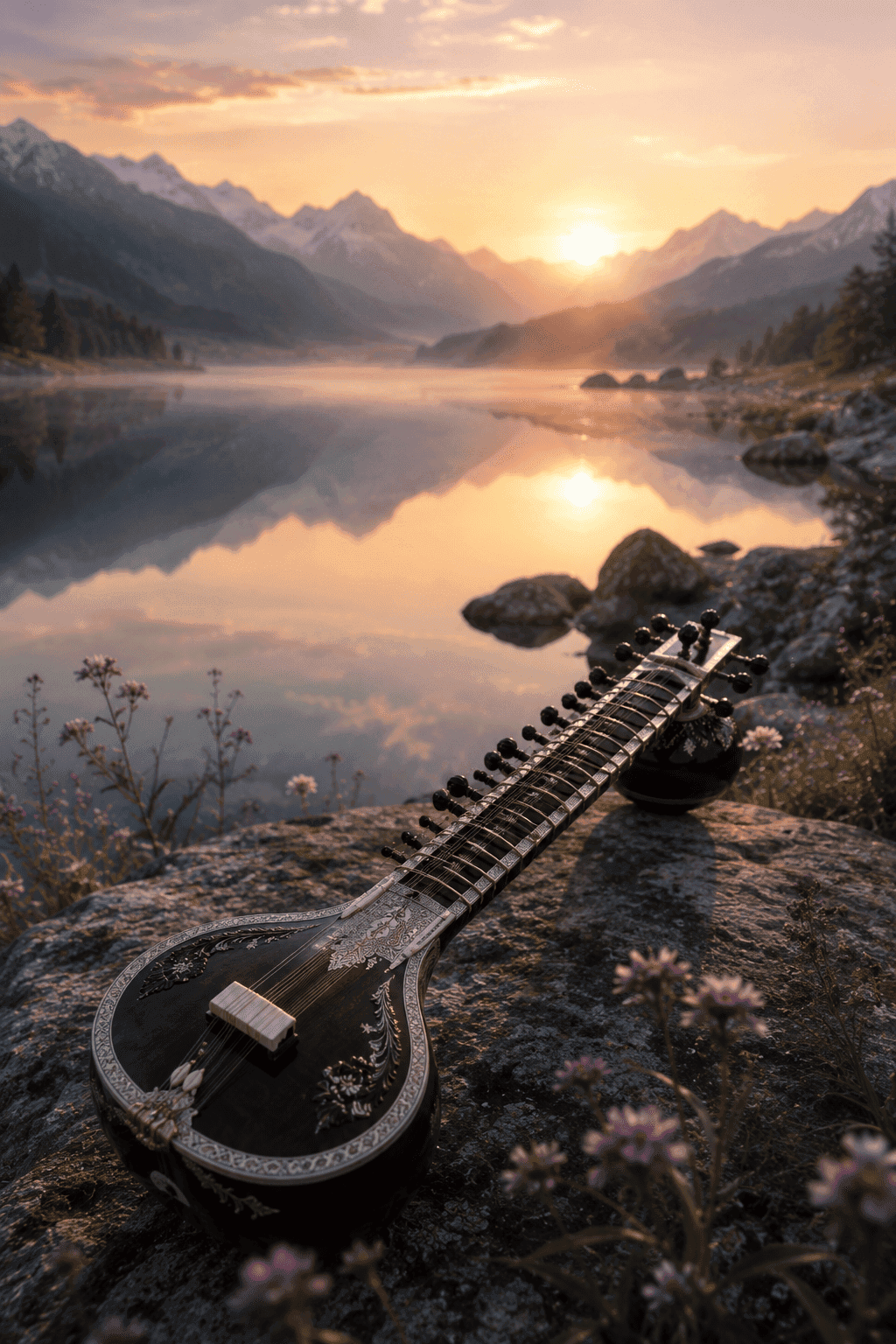 Sitar resting in soft warm light