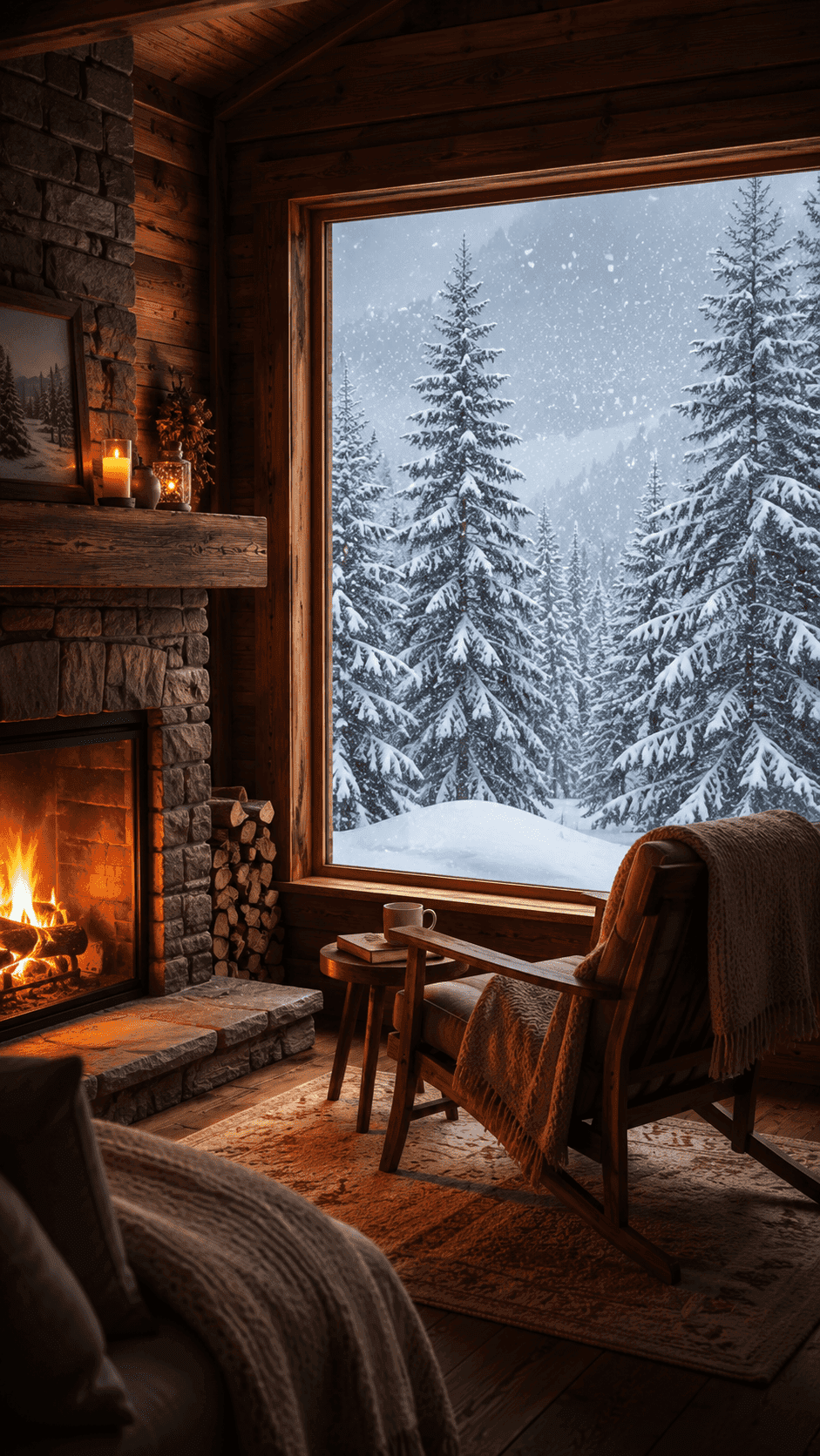Soft snowfall beyond a warm cabin window