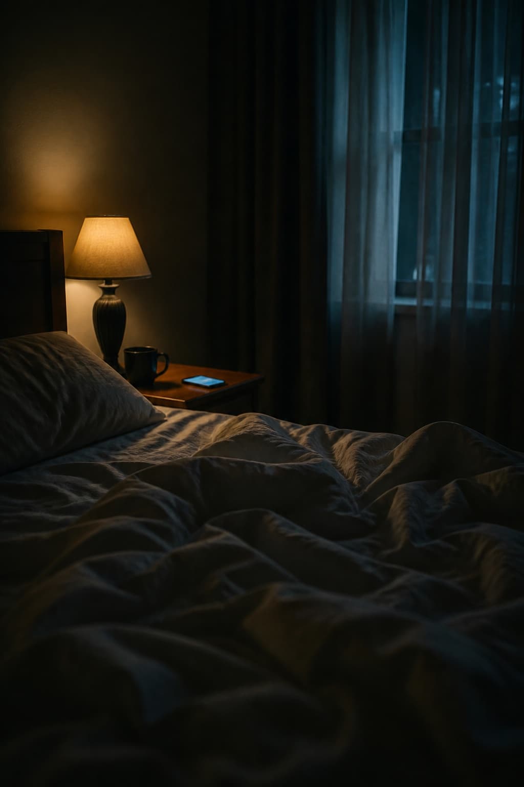 Rumpled bed at 1 a.m. — lamp glow, phone light, and moonlight through curtains